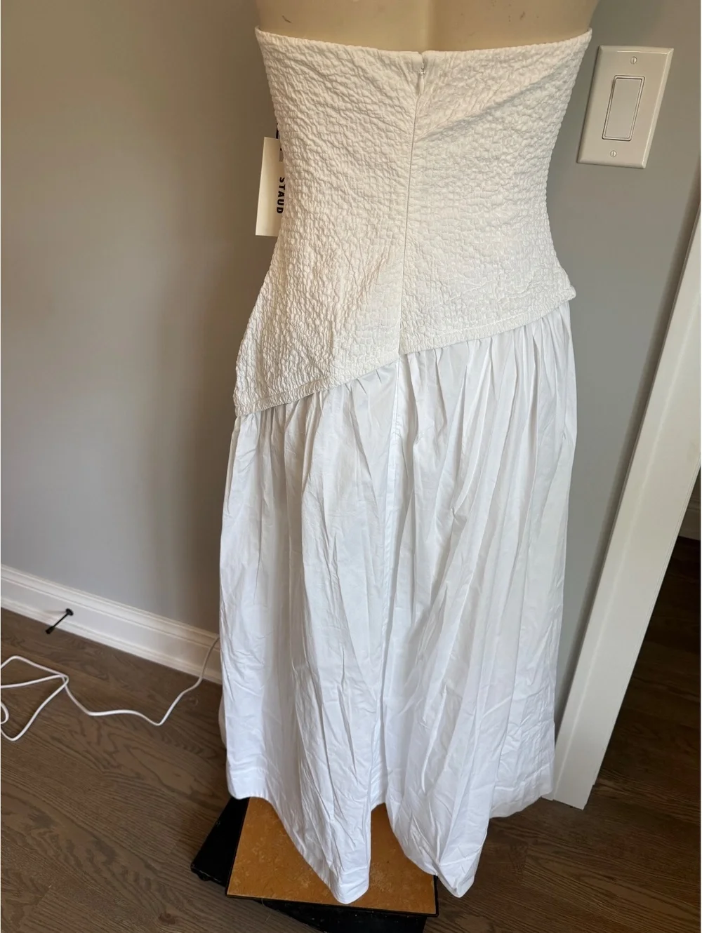 STAUD Strapless White Midi Dress with Textured Bodice and Flowing Skirt - Picture 9 of 10